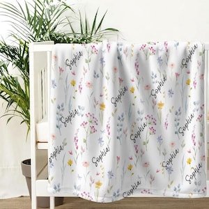 Personalized Wildflower Blanket, Custom Baby Name Blanket, Newborn Girl Nursery Decor, Newborn Swaddle, Hospital Blanket, Baby Shower Gift