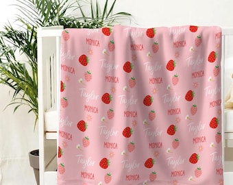 Personalized Strawberry Baby Blanket, Custom Name Blanket, Newborn Girl Nursery Decor, Newborn Swaddle, Hospital Blanket, Baby Shower Gift