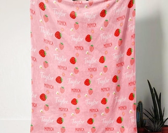 Personalized Strawberry Baby Blanket, Custom Name Swaddle, Nursery Decor