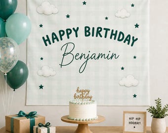 Happy Birthday Gingham Backdrop, Personalized Birthday Name Banner, Fabric Birthday Sign, Birthday Boho Wall Art Decor, Kids Party Decor