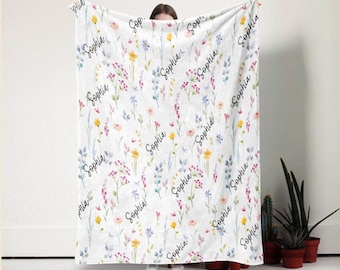 Personalized Wildflower Baby Blanket, Custom Name Nursery Decor