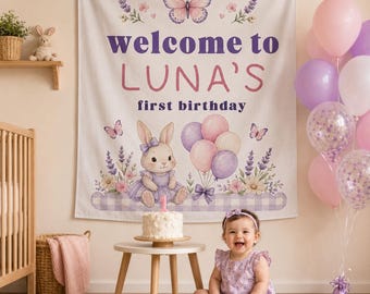 Personalized Kids Birthday Tapestry, Custom Name Birthday Banner, Airplane Bunny Party Decor, Boho Birthday Backdrop, Cute Party Sign