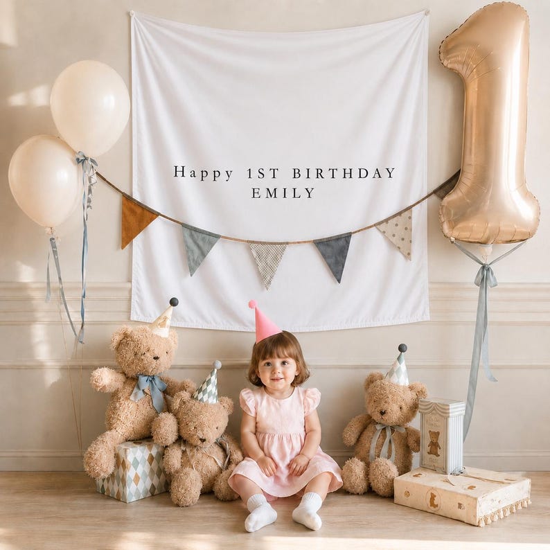 May include: A white fabric backdrop with the text Happy 1ST BIRTHDAY EMILY, featuring a bunting banner, two cream balloons, a large gold number one balloon, three teddy bears wearing party hats, and a child in a light pink dress.