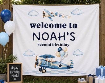 Personalized Kids Birthday Tapestry, Custom Name Banner, Airplane and Bunny Party Designs, Boho Birthday Tapestry Sign, Photo Backdrop