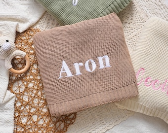 Embroidered Name Baby Blanket, Soft Cotton Knit, Personalized Newborn Gift