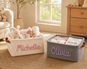 Personalized Baby Storage Basket with Name, Corduroy Toy Basket, Nursery Organizer, Custom Baby Gift, Newborn Gift, Christening Gift