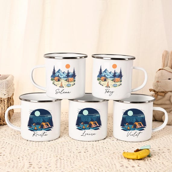 Personalized Enamel Camping Mug, Custom Name Coffee Cup, Outdoor Camp Favor