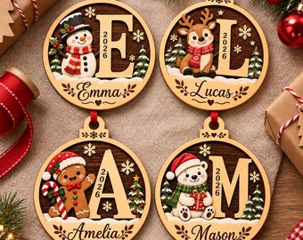 Custom Name Christmas Ornament, Personalized Wood Ornament With Initials, 2026 Stocking Tags, Keepsake Ornaments, Christmas Tree Decoration
