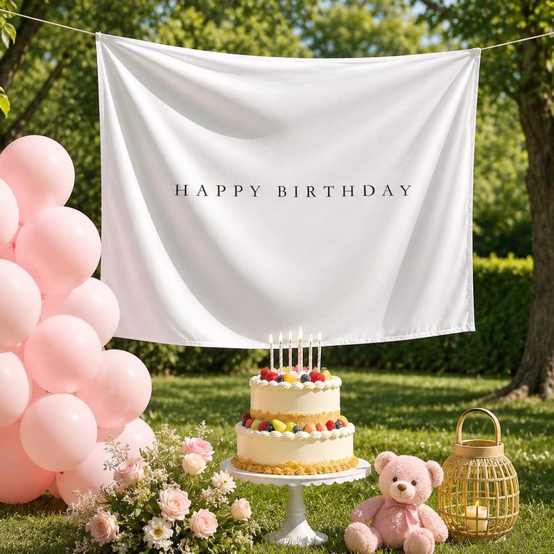 May include: A white fabric backdrop with the black text HAPPY BIRTHDAY, a two-tier cake topped with fruit and candles, a cluster of light pink balloons, a bouquet of pink and white flowers, and a light brown teddy bear with a lantern.