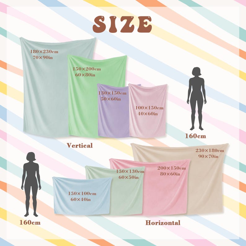 May include: A size chart displaying various rectangular blankets in vertical and horizontal orientations. The blankets are shown in pastel colors including mint, light green, lavender, pink, and beige, with dimensions listed in cm and inches.