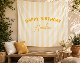 Happy Birthday Sheet Backdrop, Personalized Birthday Name Banner, Stripe Party Backdrop Sign, Fabric Birthday Sign, Boho Wall Art Deco