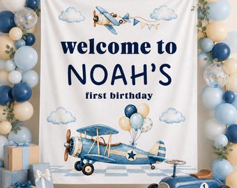 Personalized First Birthday Tapestry, Custom Name Banner, Airplane or Bunny Party Backdrop, Fabric Birthday Sign, Kids Birthday Decor