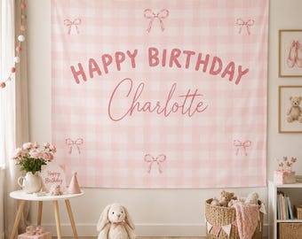 Personalized Birthday Banner, Custom Name Party Backdrop, Pink Gingham Bow Tapestry, Coquette Birthday Decor, Fabric Birthday Party Sign