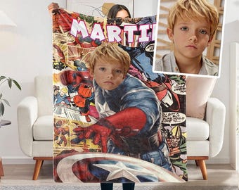 Custom Superhero Face Blanket, Cartoon Name, Unique Boy's Gift