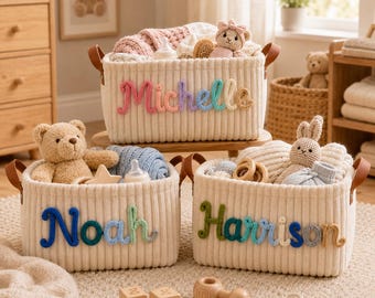 Personalized Nursery Basket, Custom Storage Basket with Name, Corduroy Toy Organizer, Baby Shower Gift, Newborn Baby Gift, New Mom Present