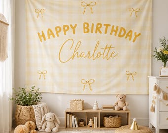 Personalized Birthday Backdrop, Custom Name Banner, Gingham Tapestry, Coquette Party Decor, First Birthday Photo Prop, Baby Birthday Decor