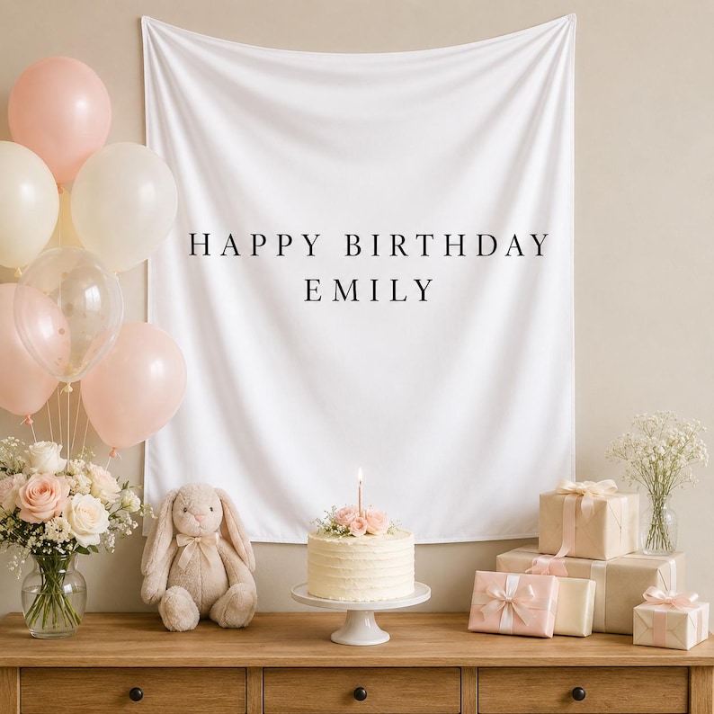 May include: A white fabric backdrop featuring the black text HAPPY BIRTHDAY EMILY, displayed with a cluster of pale pink and cream balloons, a frosted cake with a single candle, a plush rabbit toy, and several gift boxes wrapped in paper.
