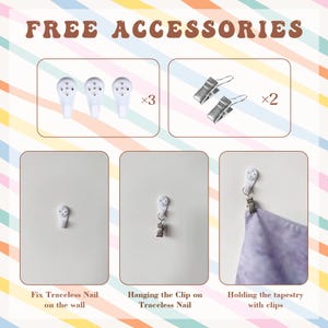 May include: A set of hanging accessories labeled FREE ACCESSORIES, including three white traceless wall nails and two metal clips. The image demonstrates the installation process: fixing the nail, hanging the clip, and holding a purple tapestry.