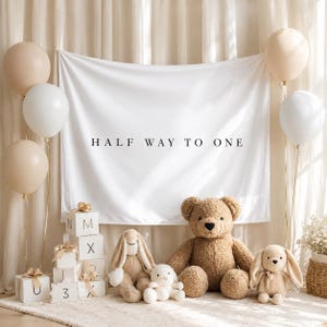 May include: A white fabric backdrop featuring the black text HALF WAY TO ONE, surrounded by beige and white balloons, a stack of white square boxes with letters, a large brown teddy bear, and two smaller plush animals on a light rug.