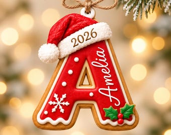 Personalized Wooden Christmas Ornament, Custom Name Initial Letter Ornament, 2026 Gingerbread Double Layer Wood Christmas Gift for Families