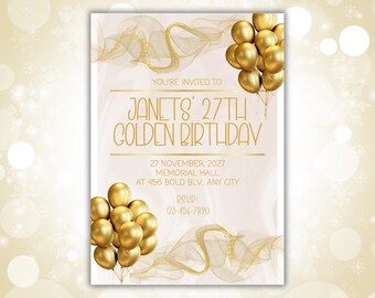 Golden Birthday Invitation Template | Editable Gold Canva Party Invite