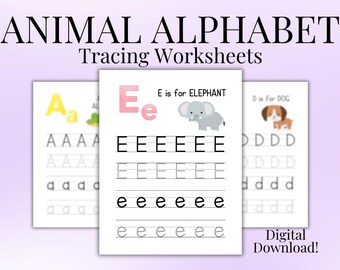 Hojas de trabajo y tarjetas didácticas para trazar el alfabeto de animales / Práctica de letras ABC