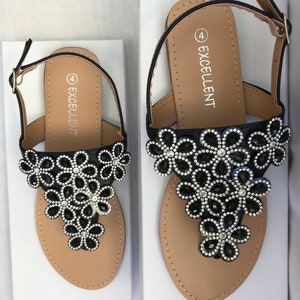 Womens Ladies Flat Diamante Flower Comfy Casual/Summer Holiday Evening Sandals image 1