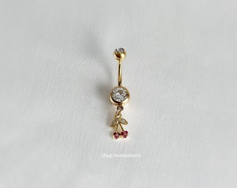 14G Gold Cherry Belly Ring Surgical Steel Stainless Body Jewelry Lolita y2k Dainty Fruit Dangle Navel Piercing Cute Gift for Her Summer