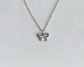 Silver Ribbon Bow Necklace Unisex Stainless Steel No Tarnish Resistant Waterproof Coquette Ballet Girl Bride Gift Present Birthday Summer