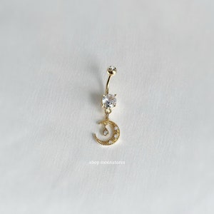 14G Gold Moon Dangle Belly Ring Surgical Steel Stainless Silver CZ Sparkly y2k Dainty Button Navel Piercing Celestial Night Gift Easter