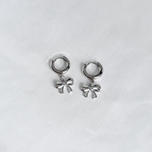 Silver Ribbon Bow Hoop Earrings Unisex Stainless Steel No Rust Tarnish Resistant Waterproof Huggies y2k Coquette Gift Present Gold Mother's