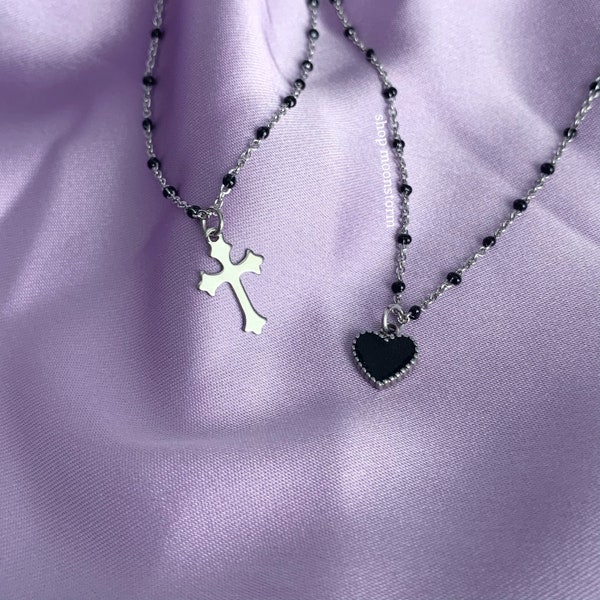 Black Heart Goth Cross Star Heart Beaded Chain Rosary Necklace Stainless Steel Unisex Waterproof Holy Gift Ideas Present Dainty y2k