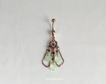 14G Vintage Green Jade Crystal Belly Ring Surgical Steel Stainless Body Jewelry Rose Gold y2k Teardrop Navel Piercing Birthday Gift Present