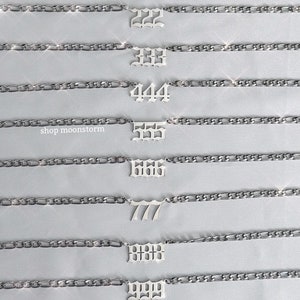Silver Angel Numbers Figaro Necklace Unisex Stainless Steel No Rust Tarnish Resistant Waterproof Gift Ideas Birthday Present Number 333 444