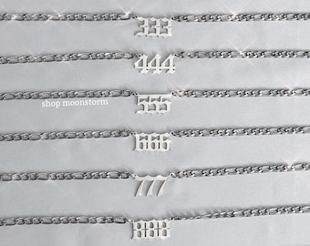 Silver Angel Numbers Figaro Necklace Unisex Stainless Steel No Rust Tarnish Resistant Waterproof Gift Ideas Birthday Present Number 333 444