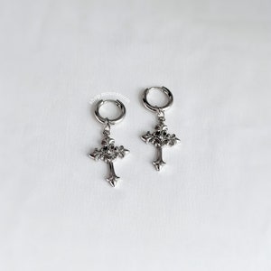 Silver Goth Cross Hoop Earrings Unisex Stainless Steel No Rust Tarnish Waterproof Statement Grunge Punk Gift Ideas Birthday Present Hoops