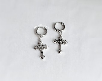 Silver Goth Cross Hoop Earrings Unisex Stainless Steel No Rust Tarnish Waterproof Statement Grunge Punk Gift Ideas Birthday Present Hoops