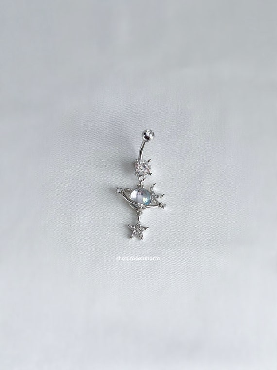 Cute Surgical Steel Belly Button Navel Ring with Dangling Ribbon with Teardrop CZs Cute Surgical Steel Belly Button Navel Ring with Dangling Ribbon with Teardrop CZs