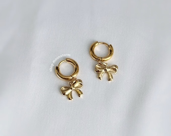 Gold Ribbon Bow Hoop Earrings Unisex Stainless Steel Silver No Rust Tarnish Resistant Waterproof Huggies y2k Coquette Gift Present Birthday