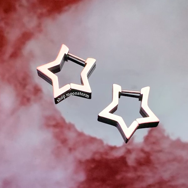 Silver Star Hoop Earrings (Smaller Version) Unisex Stainless Steel No Rust Tarnish Resistant Waterproof Hoops Gift Ideas Birthday Present