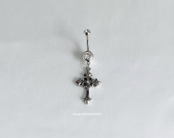 14G Silver Goth Cross Belly Ring Surgical Steel Stainless Body Jewelry Dangle Button Navel Piercing CZ Chrome y2k Gift Ideas for Her Present