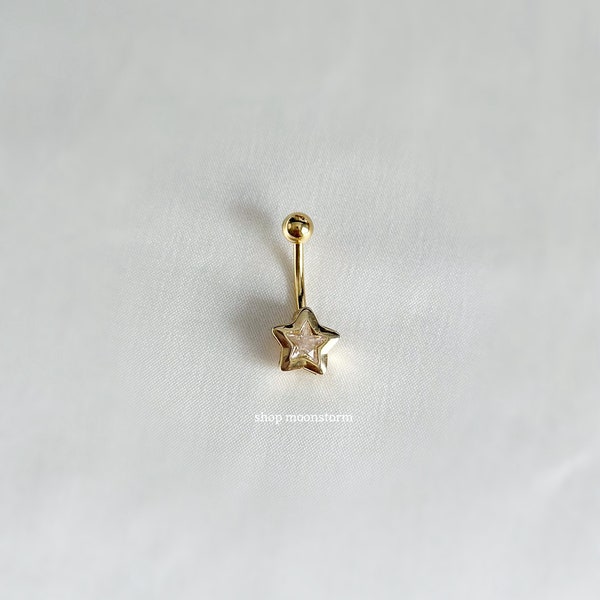 14G Gold Star Belly Ring Surgical Steel Stainless CZ Cubic Zirconia Sparkly Celestial Dainty Button Navel Piercing Gift Idea for Her Present
