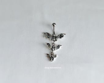 14G Triple Bat Belly Ring Surgical Stainless Steel Silver Body Jewelry Navel Dangle Piercing Grunge Goth Punk Vampire Gift Present Halloween