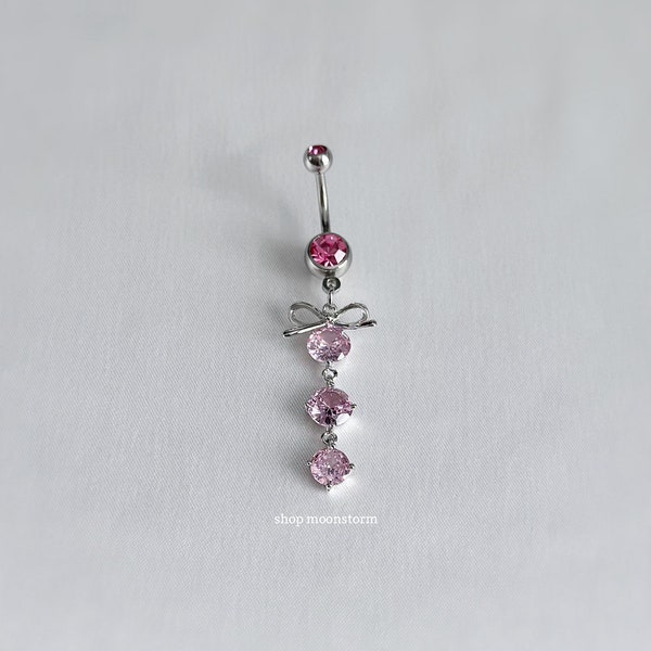 14G Ribbon Bow Crystal Dangle Belly Ring Surgical Steel Stainless Silver Pink No Rust Tarnish Waterproof y2k Coquette Navel Piercing CZ