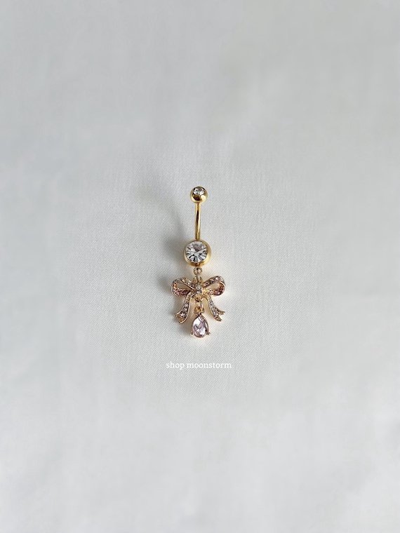 Cute Surgical Steel Belly Button Navel Ring with Dangling Ribbon with Teardrop CZs Cute Surgical Steel Belly Button Navel Ring with Dangling Ribbon with Teardrop CZs