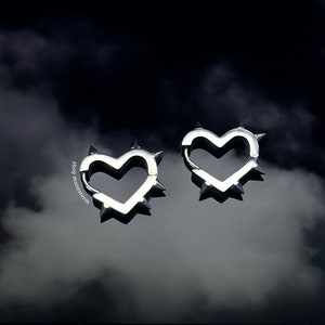 Silver Heart Spike Hoop Earrings Unisex Stainless Steel No Rust Tarnish Waterproof Gift Ideas for Her Him Birthday Present Goth Grunge Punk