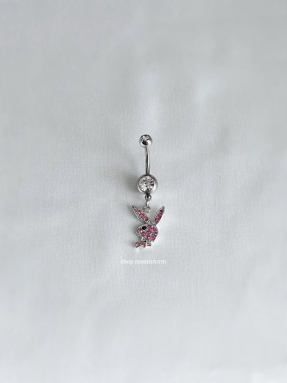 Surgical Stainless Steel Rose Pink Crystal Playboy Bunny 14g Belly Naval Ring Surgical Stainless Steel Rose Pink Crystal Playboy Bunny 14g Belly Naval Ring