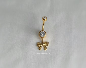 14G Gold Ribbon Bow Belly Ring Surgical Steel Stainless Body Jewelry Waterproof Dainty Coquette Dangle Navel Piercing Gift Present Summer