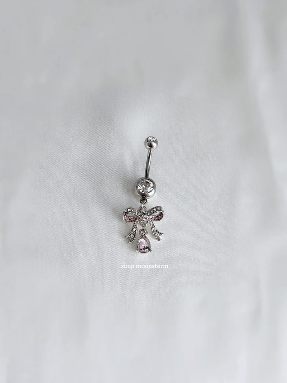 Cute Surgical Steel Belly Button Navel Ring with Dangling Ribbon with Teardrop CZs Cute Surgical Steel Belly Button Navel Ring with Dangling Ribbon with Teardrop CZs