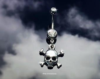 14G Skull Angel Belly Ring Surgical Stainless Steel Silver Body Jewelry Navel Dangle Piercing Grunge Goth Punk Spooky Gift Present Halloween